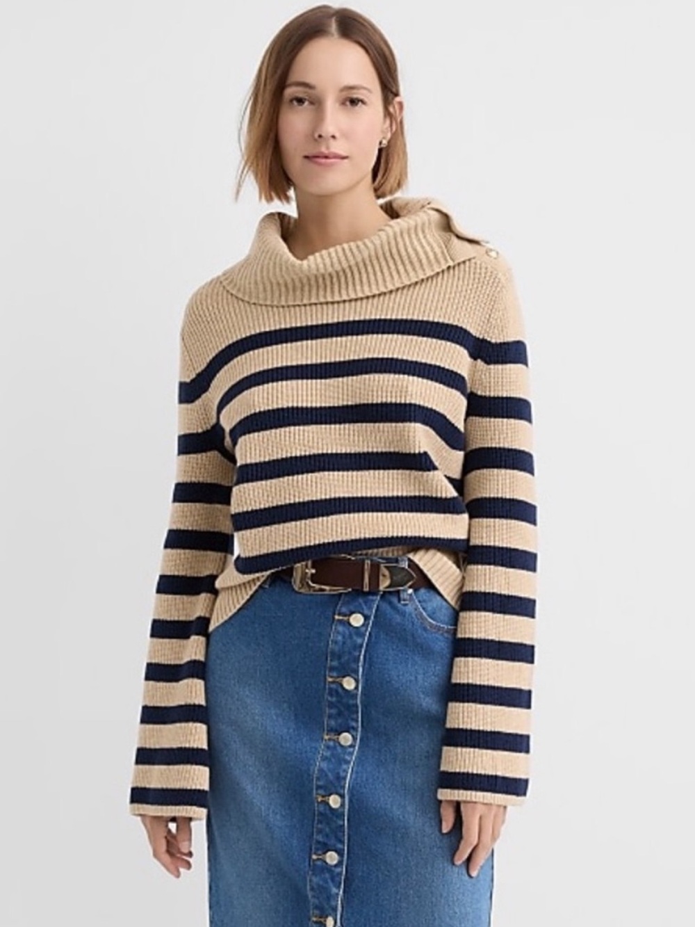 LOFT Tan and Navy Striped Cowl Accent Neck Sweater Flared Sleeve New Size Large